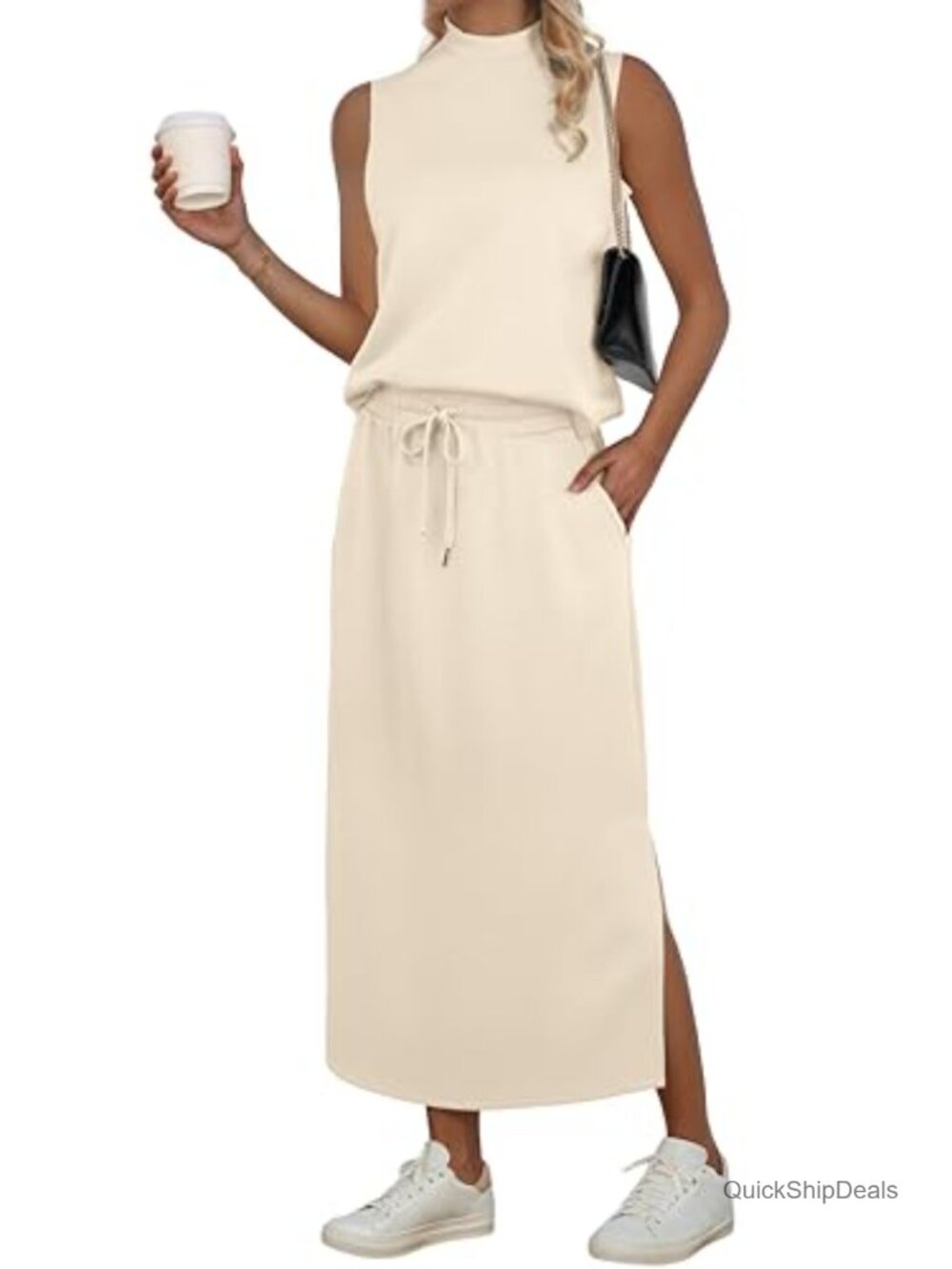 Two Piece Skirt Set Sleeveless Mock Neck Split Maxi Skirt with Pockets Travel